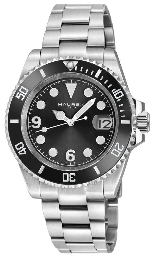 A stainless steel wristwatch with a black dial, black rotating bezel, and silver metal bracelet. The dial features silver-tone hour markers and hands, with the brand name 'HAUREX' visible at the 12 o'clock position.
