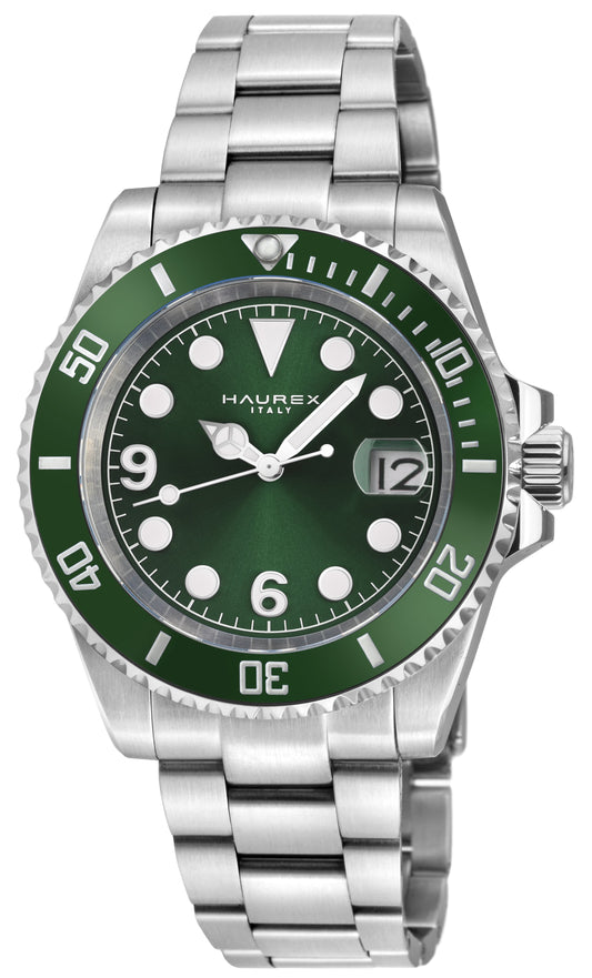 A Hauerex stainless steel dive watch with a green dial and green rotating bezel, paired with a silver metal link bracelet, shown against a plain white background.