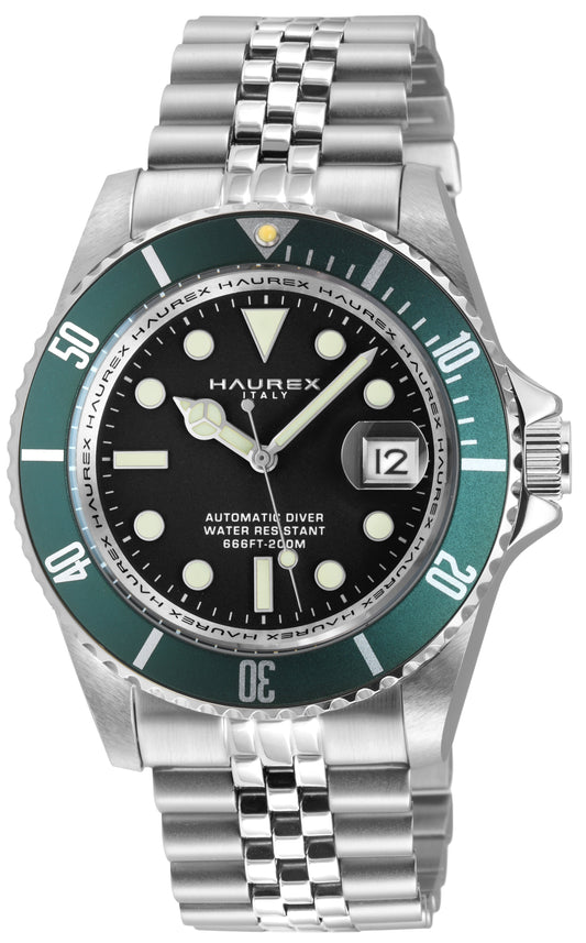 Haurex automatic diver watch with a silver stainless steel Oyster bracelet, black dial, and green bezel.