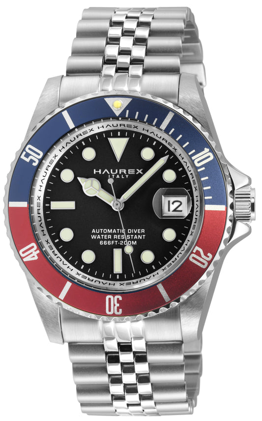 Haurex watch with silver bracelet and red and blue bezel on a white background