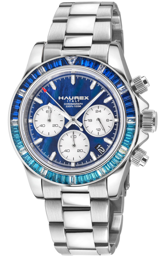 Haurex Italy stainless steel chronograph watch with a blue dial, white subdials, and a blue bezel with silver accents.