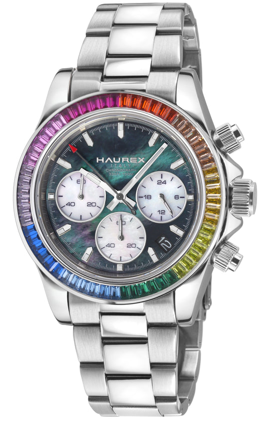 HAUREX stainless steel chronograph watch with a silver link bracelet, a dark iridescent dial, and a vibrant rainbow-colored bezel.