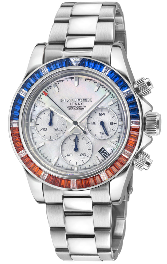 Multicolored watch with a silver band on a white background