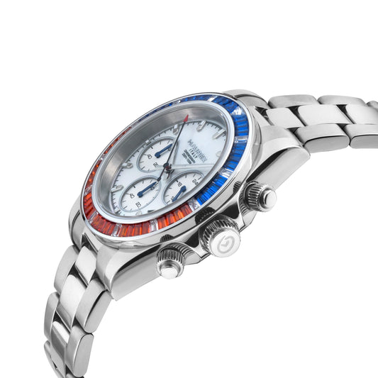 Multicolored watch with a silver band on a white background