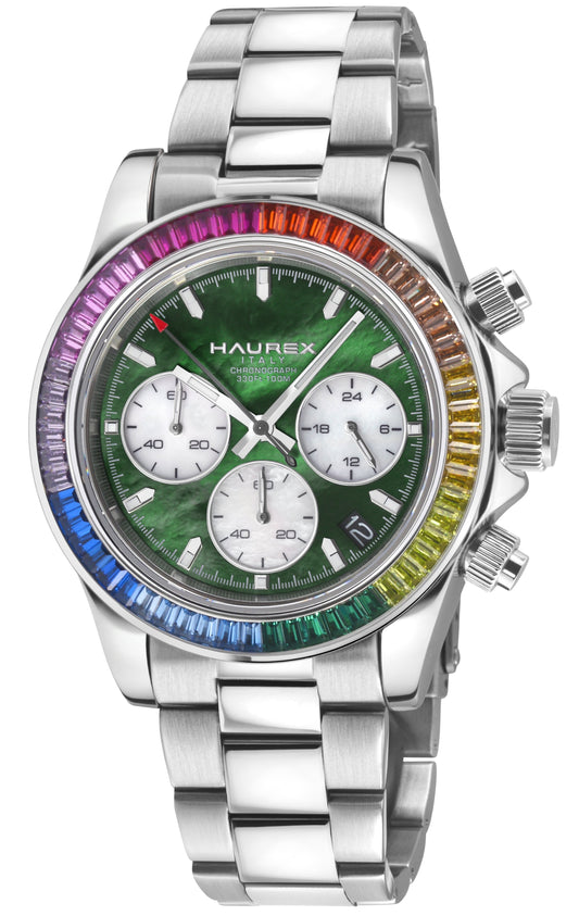 A Haurex stainless steel chronograph watch with a vibrant green dial and a rainbow-colored bezel, shown on a clean white background.