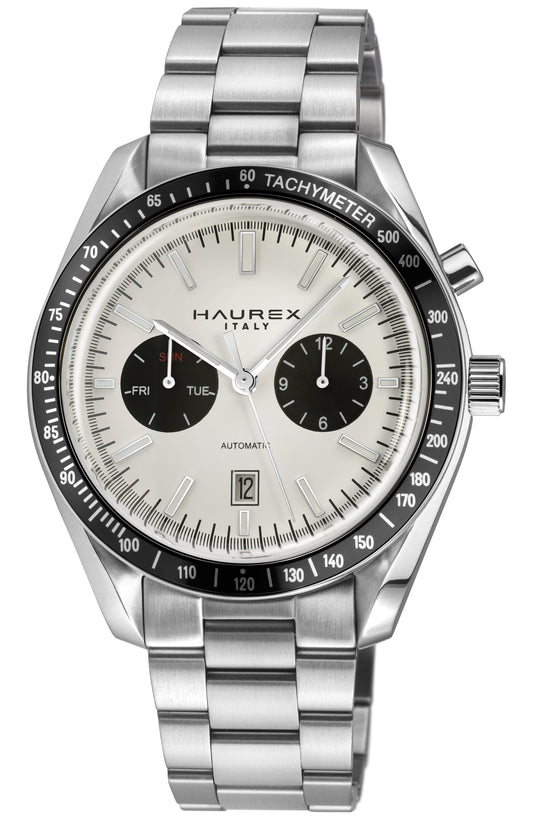 Haurex Italy watch with silver bracelet and detailed face on a white background