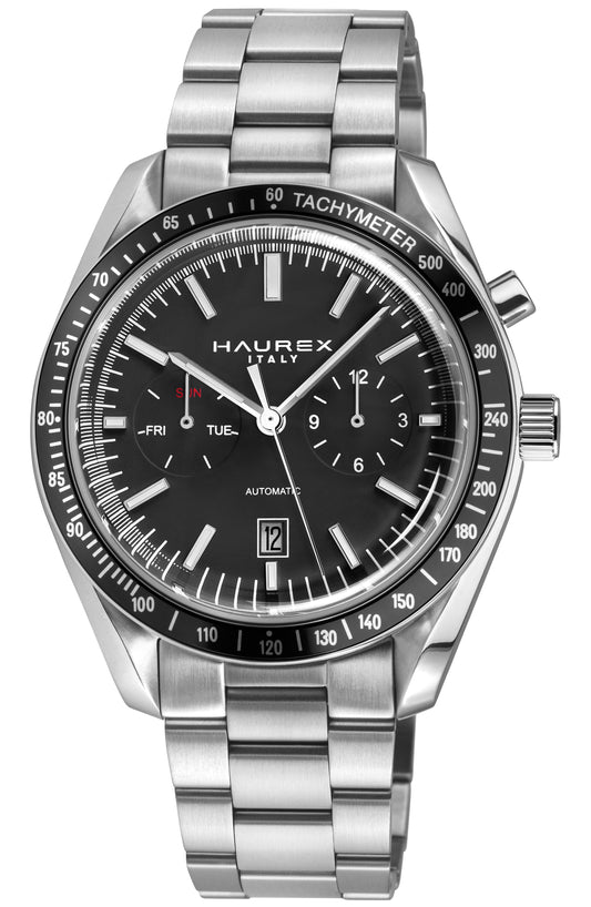 Haurex Italy watch with black dial and silver metal bracelet on a white background