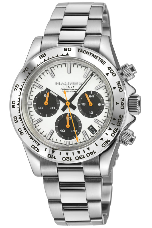 A silver stainless steel chronograph watch with a white dial, black sub-dials, and orange accents, featuring a tachymeter bezel and a matching metal link bracelet.
