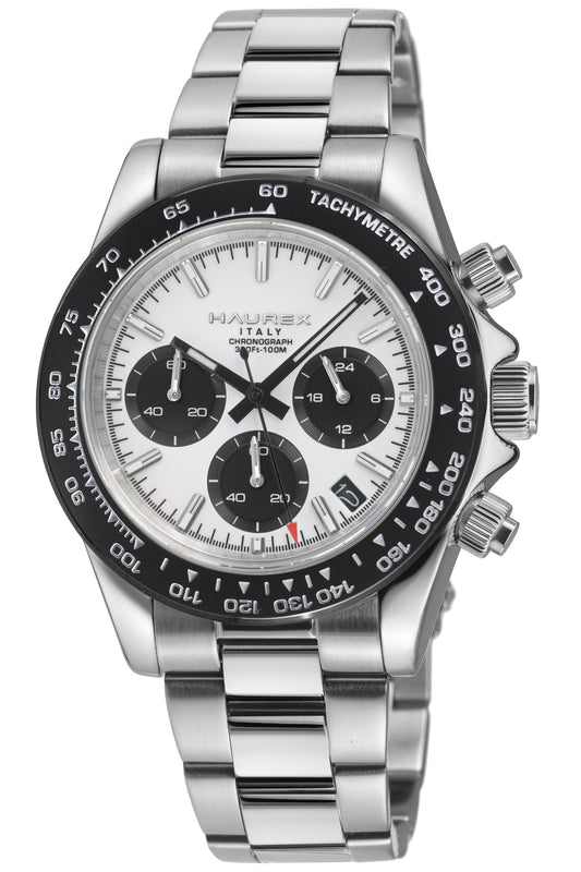 A stainless steel wristwatch with a silver-tone metal link bracelet, a white dial, and a black tachymeter bezel. The brand name 'MAUREX' is clearly visible on the dial.