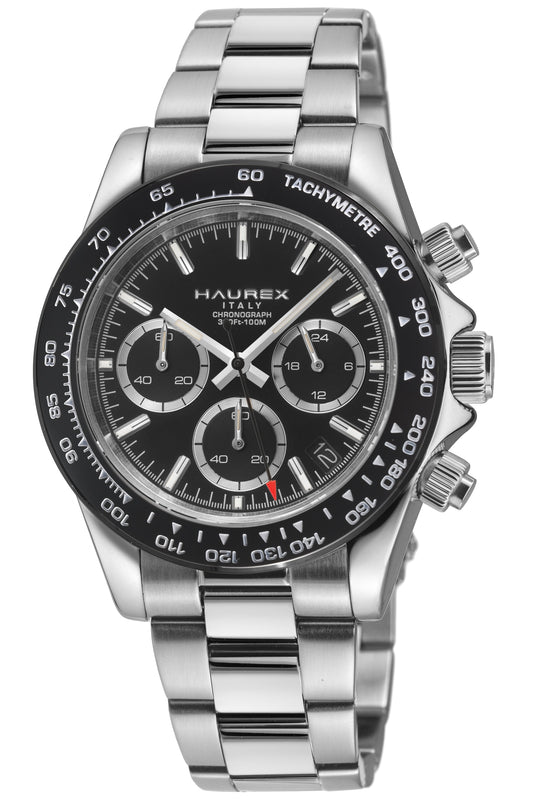 A Haurex stainless steel chronograph watch with a black dial, black tachymeter bezel, and silver-tone metal link bracelet, shown on a plain white background.