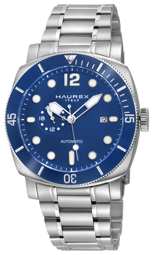 Haurex automatic watch with a blue dial, blue bezel, and a silver stainless steel link bracelet, shown on a white background.