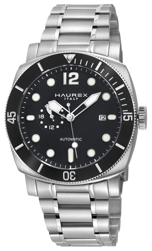 Haurex automatic watch with a stainless steel link bracelet, black dial, and black rotating bezel on a white background.