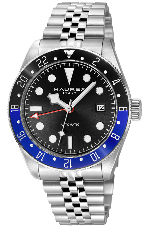 A Haurex Italy automatic watch with a stainless steel bracelet, featuring a black dial, a black and blue bezel, and a date window.