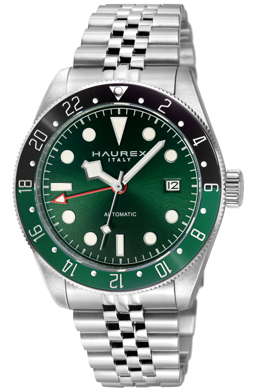 Haurex Italy automatic watch with a green dial, black and green bezel, and a silver stainless steel link bracelet, shown on a white background.