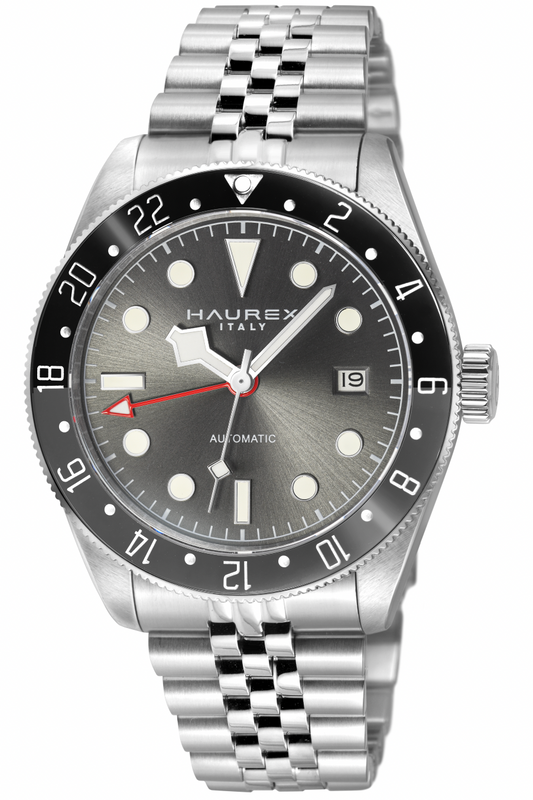 Haurex Italy automatic watch with a stainless steel Oyster bracelet, featuring a black 24-hour bezel and a gray sunburst dial with white hour markers.
