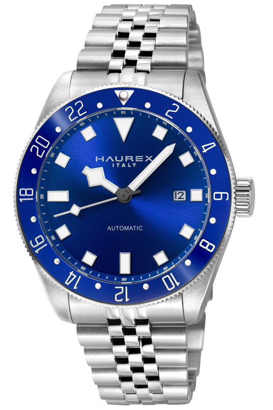 A Haurex automatic watch with a blue dial, blue bezel, and a silver stainless steel link bracelet, shown against a plain white background.