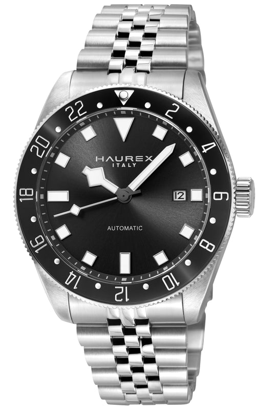 A Haurex automatic watch with a black dial, black rotating bezel, silver-tone stainless steel case, and a matching two-tone silver and black metal bracelet, shown against a plain white background.