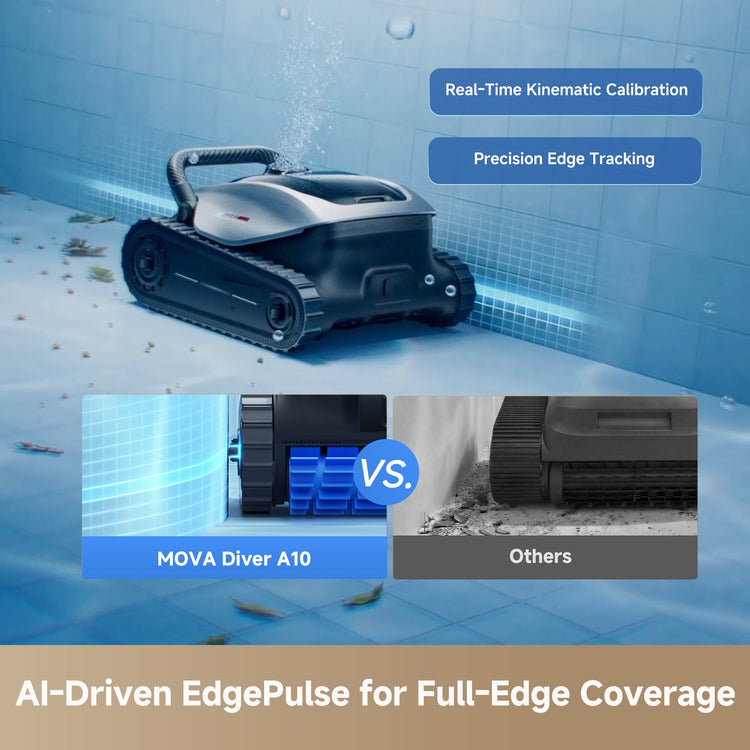 Robotic pool cleaner with features highlighted on a pool floor background