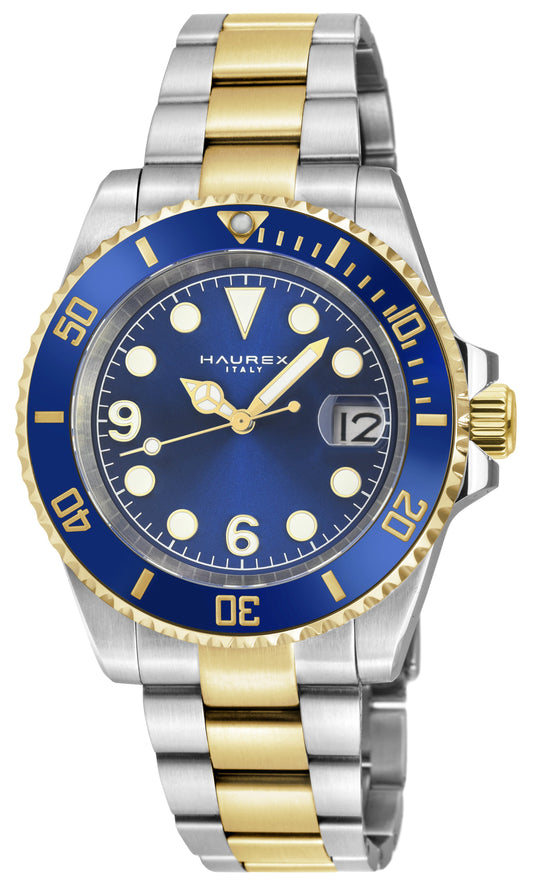 Two-tone watch with blue face and gold accents on a white background