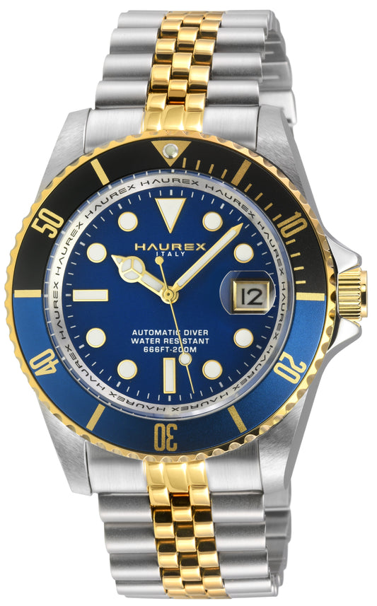 Haurex watch with blue face, gold and silver band on white background