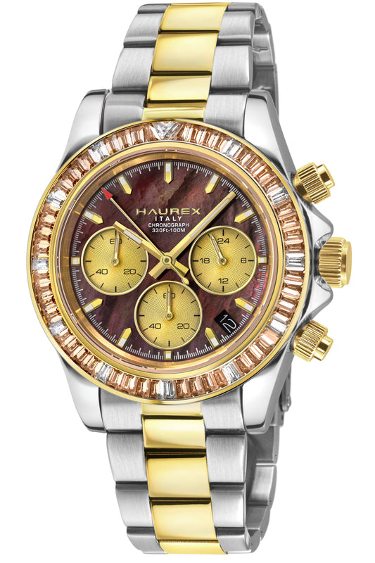 A luxury two-tone watch by Haurex, featuring a silver and gold-tone stainless steel bracelet, a gold dial with three sub-dials, and a bezel set with clear stones.