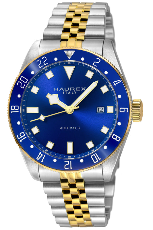 A Haurex automatic watch with a blue dial, blue and gold bezel, and a two-tone silver and gold stainless steel link bracelet, shown on a white background.