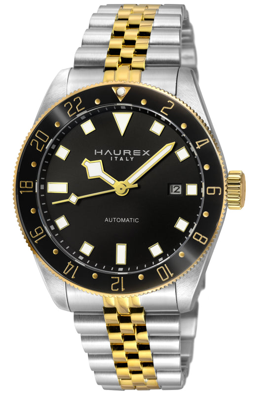 A Haurex Automatic watch with a black dial, black bezel, and a two-tone silver and gold stainless steel bracelet, shown on a white background.