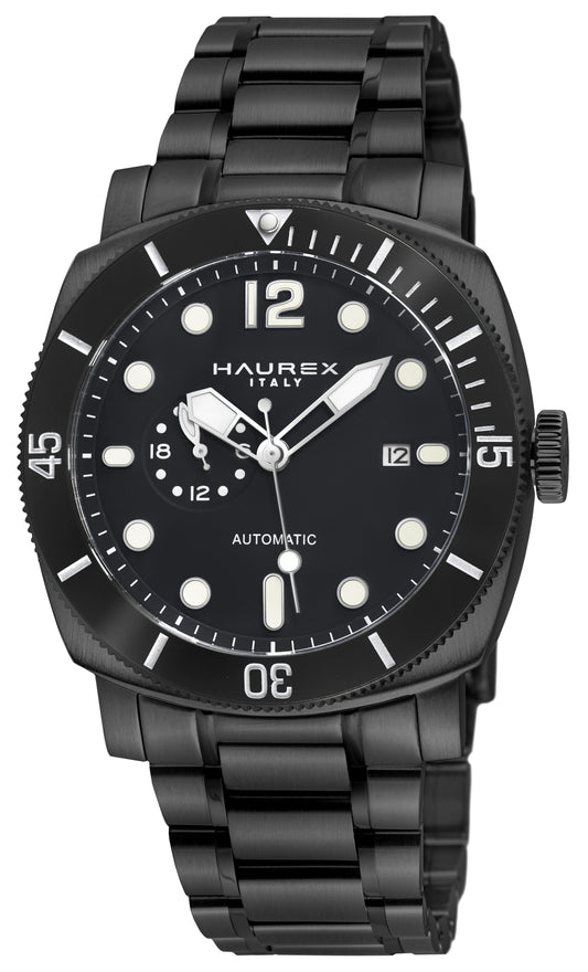 Haurex automatic watch with a black stainless steel case and integrated bracelet, featuring a black dial with white luminous markers and hands.