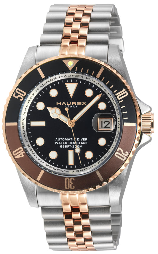 Watch with a black dial, rose gold bezel, and silver and rose gold bracelet on a white background