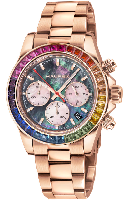 A Hauroux rose gold chronograph watch featuring a vibrant rainbow-colored bezel and a blue mother-of-pearl dial with pink sub-dials.