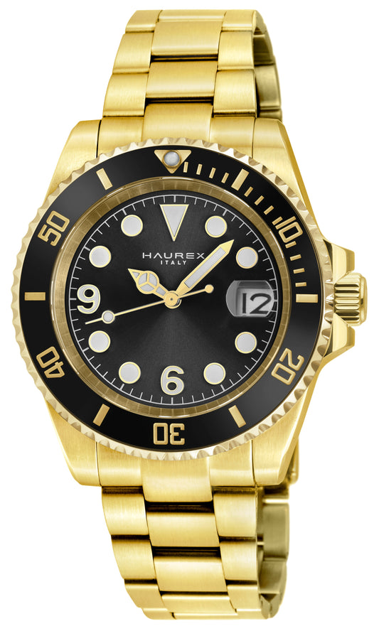 Gold-tone Haurex watch with a black dial and black rotating bezel, shown on a plain white background.