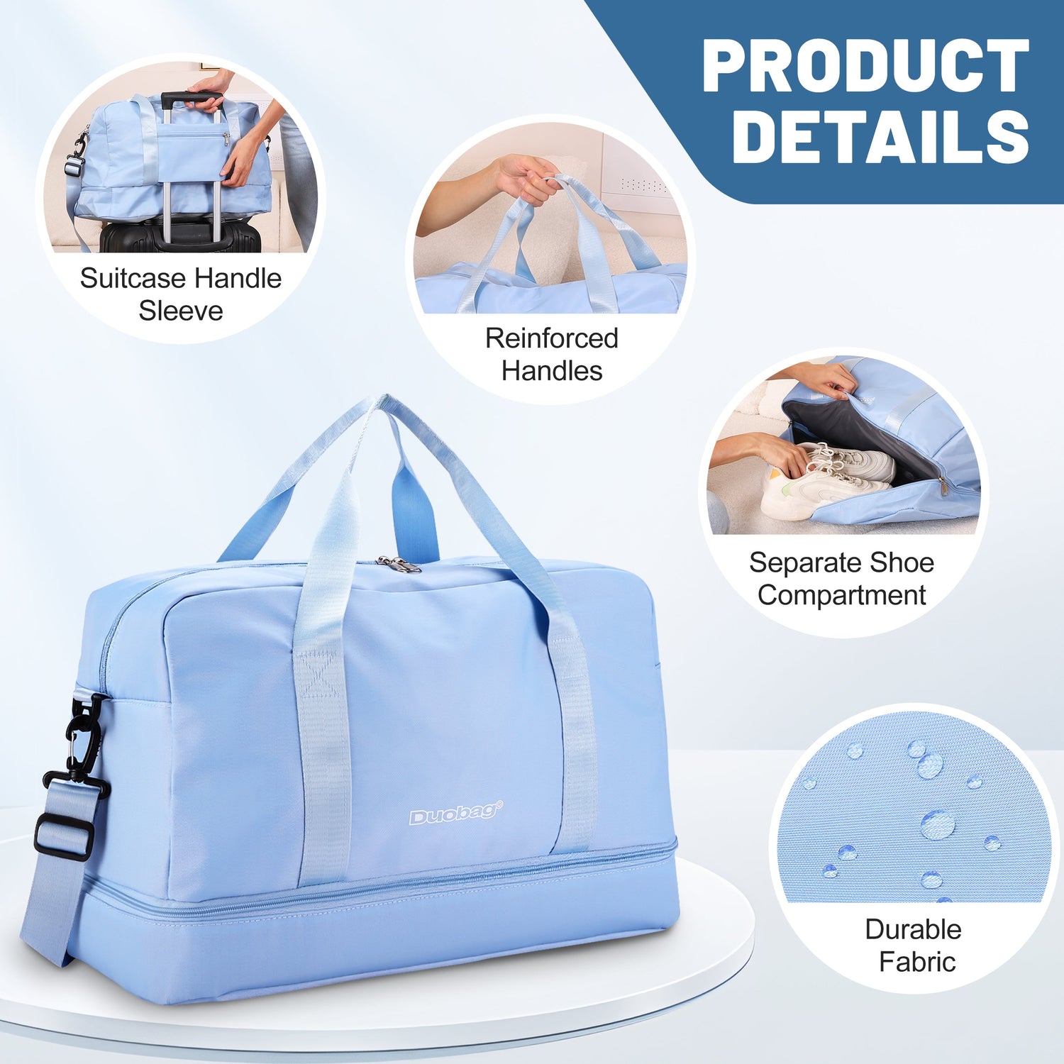 Blue duffel bag with features highlighted on a white background