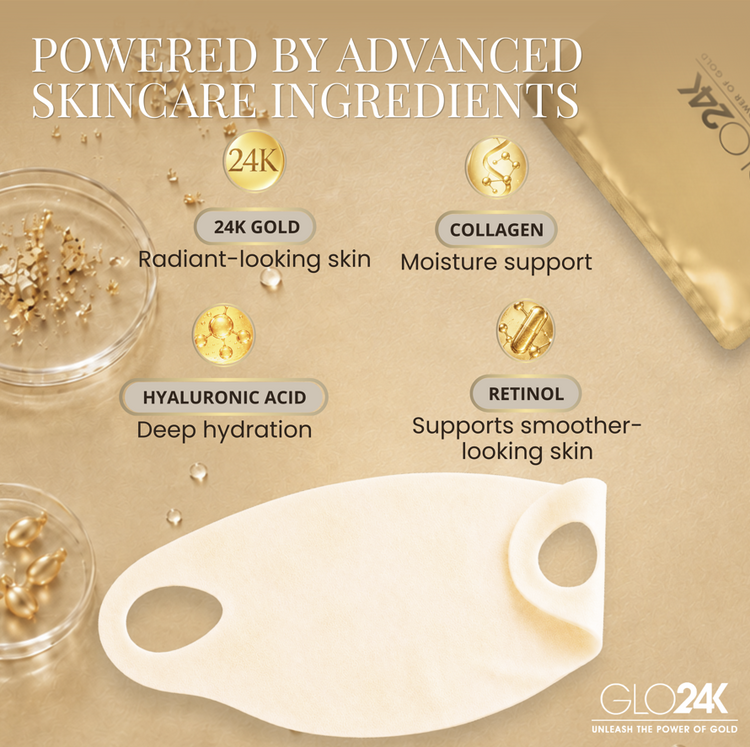 An off-white skincare face mask is displayed on a textured beige background with graphic overlays detailing its ingredients: 24K gold, collagen, hyaluronic acid, and retinol. A gold foil packet and gold flakes are shown in the background alongside clear petri dishes containing the ingredients.