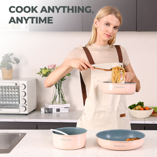 Pink and gray kitchen tool with 'BUILT TO LAST' text and durability icons on a light background