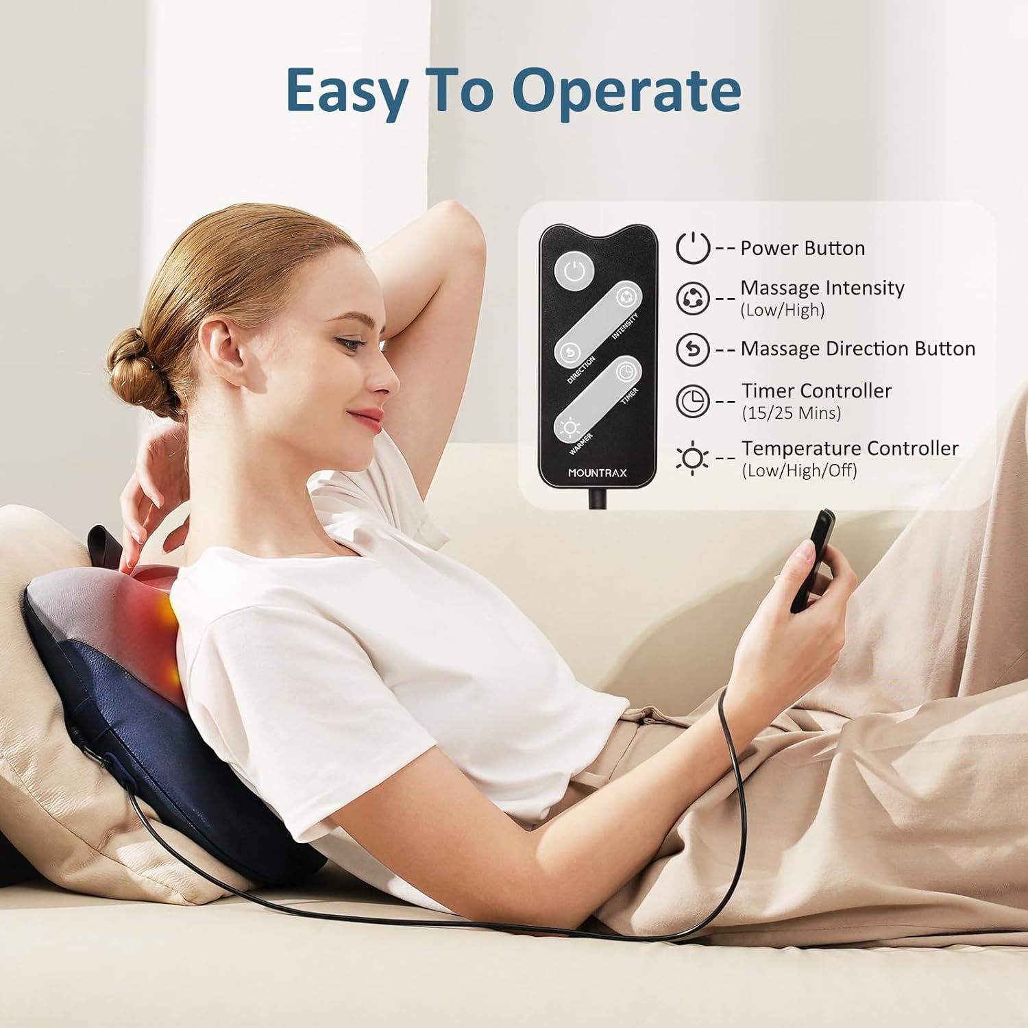 Woman using a massage device with a remote control on a beige couch, featuring text 'Easy To Operate'.