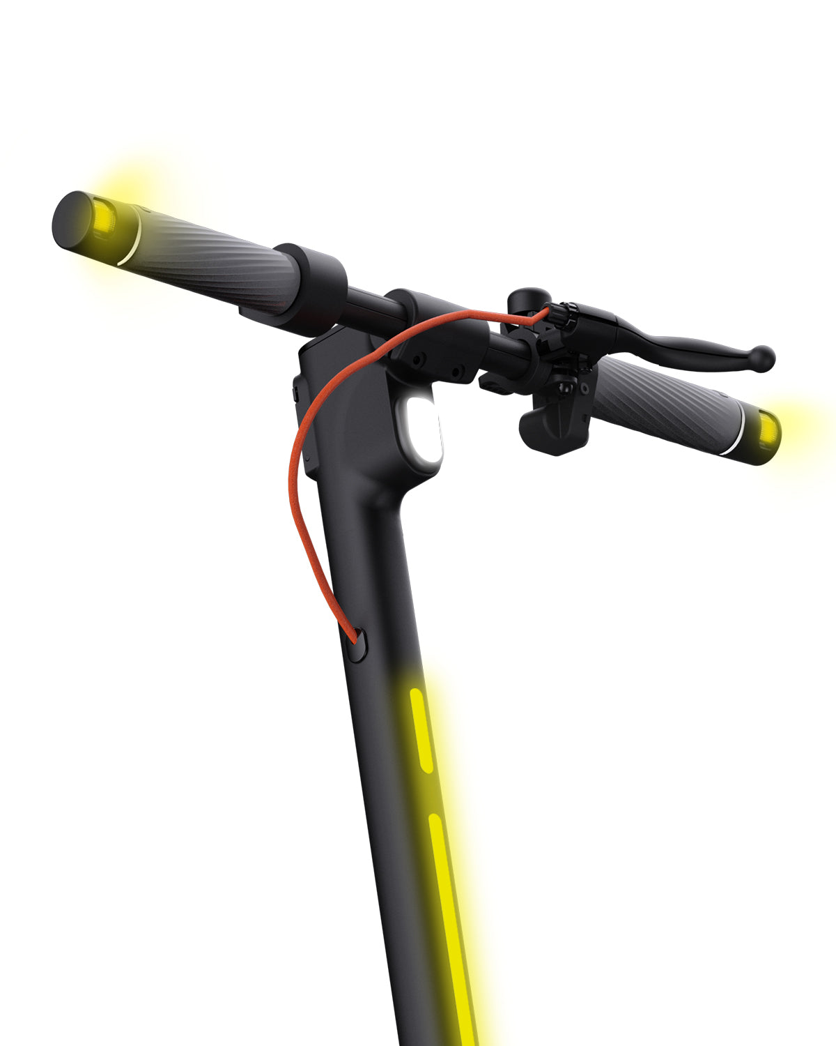 Close-up of a scooter handlebar with illuminated yellow lights on a white background