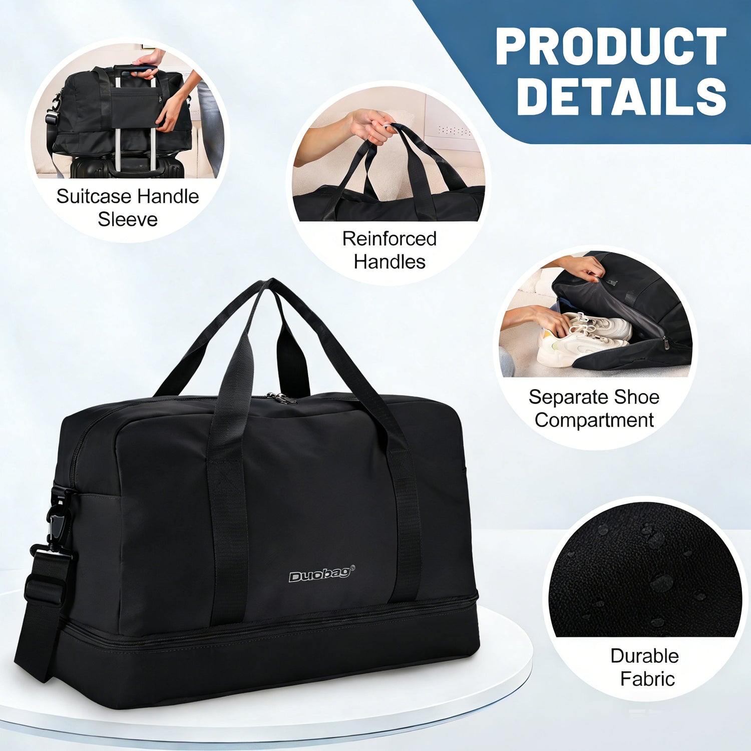 Black travel duffel bag with features highlighted on a white background
