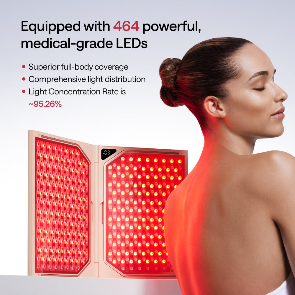 Woman receiving red light therapy on her back with text about LED technology.