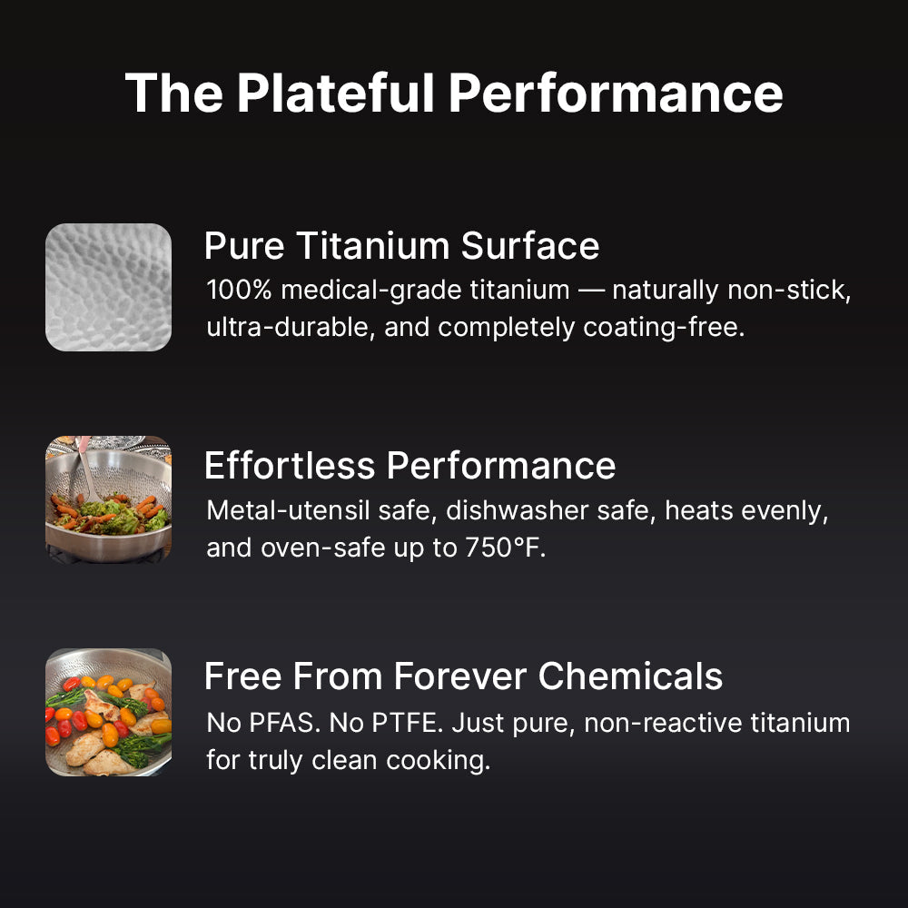 Promotional text about pure titanium surface with images of food and cookware.