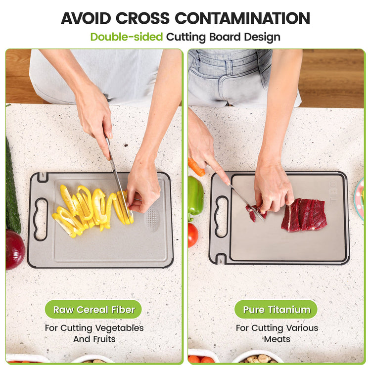 Two images showing a double-sided cutting board with one side for vegetables and the other for meats.