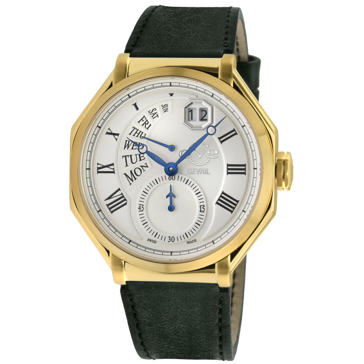 A GV2 Men's Marchese Swiss Quartz Watch with an octagon case, a blue dial, and a brown leather strap.