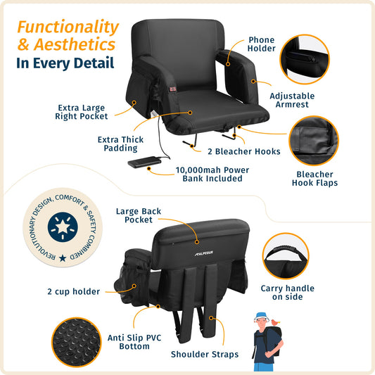 Black reclining stadium seat with heat and massage functions on a white background