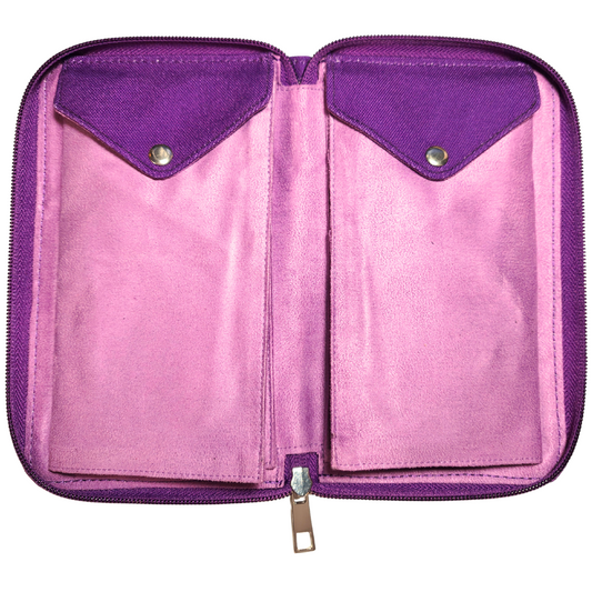 Pink knitting needle case with accessories and needle set packaging on a white background