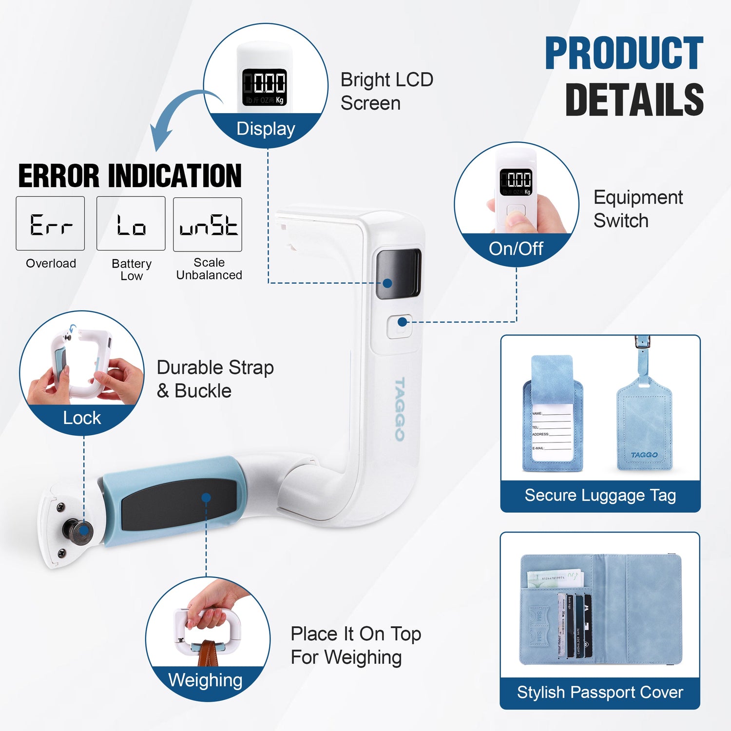 Product details of a digital scale with various features highlighted on a white background.