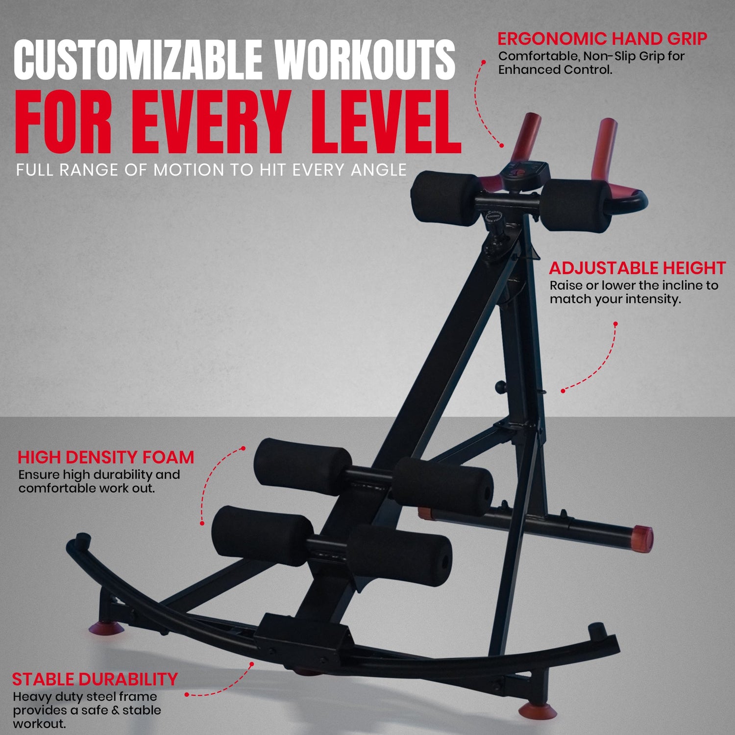 Fitness equipment with customizable workouts text on a gray background