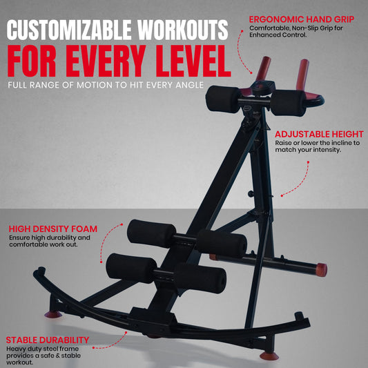 Black and red exercise machine on a gray background