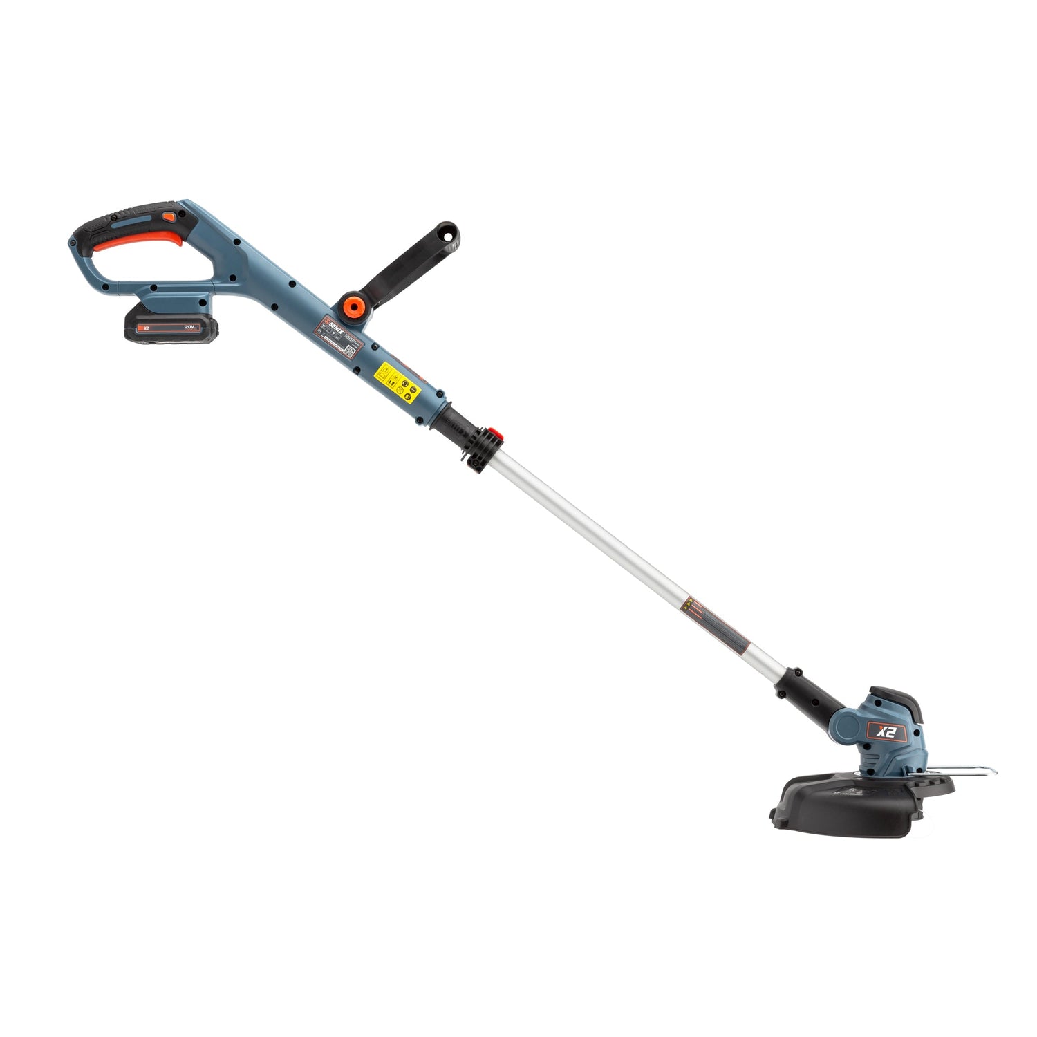 Blue and black string trimmer on a white background