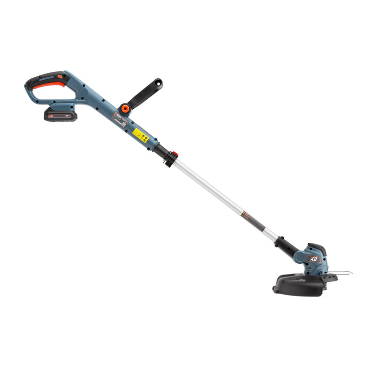 Blue and black string trimmer on a white background