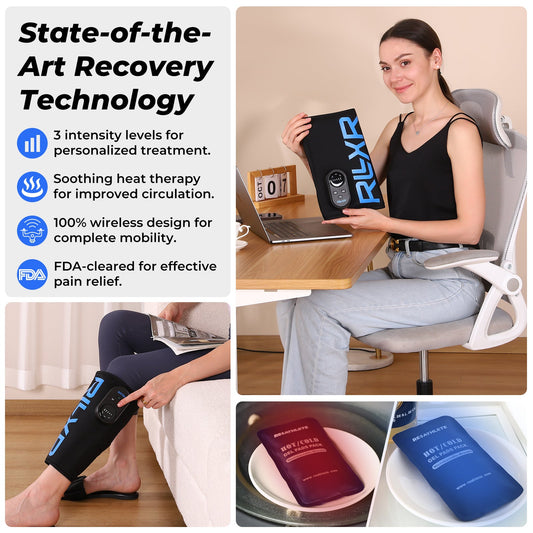 Black air pressure leg massage device with blue branding next to its packaging on a white background
