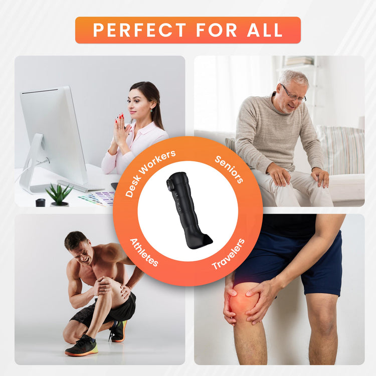 Collage of people using a knee brace with text indicating its suitability for various groups.